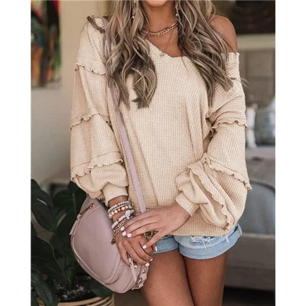 Women's V Neck Long Sleeve Blouse Solid Apricot - Picture 2 of 6